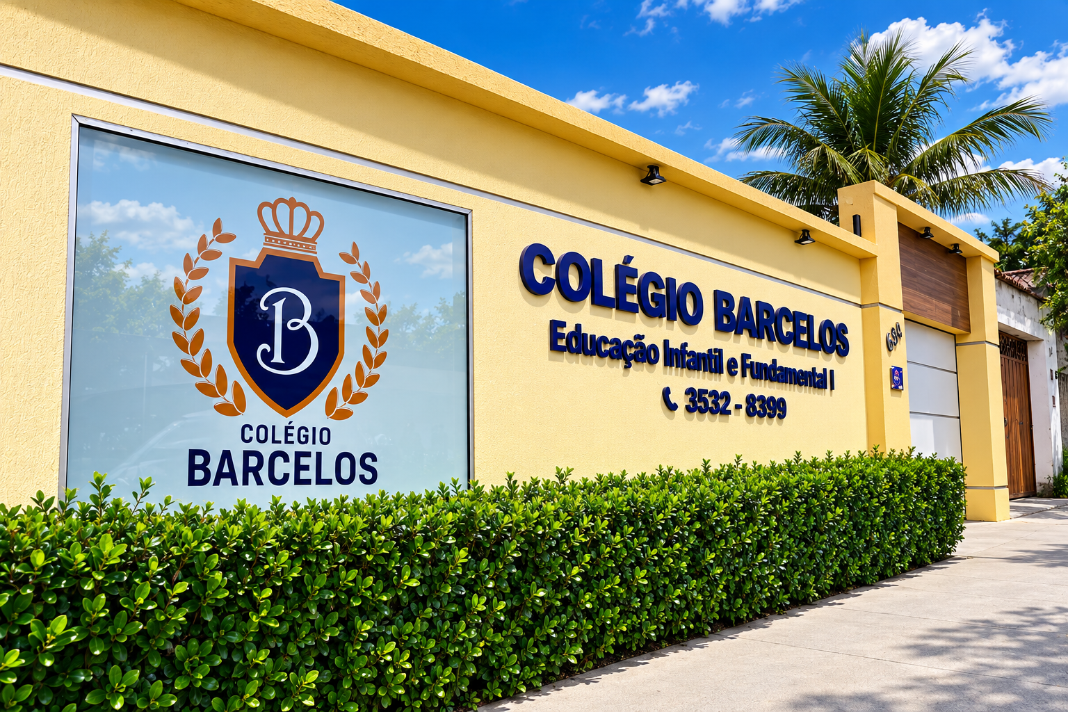 Fachada do Colégio Barcelos com letreiro da Educação Infantil e Fundamental I em Betim